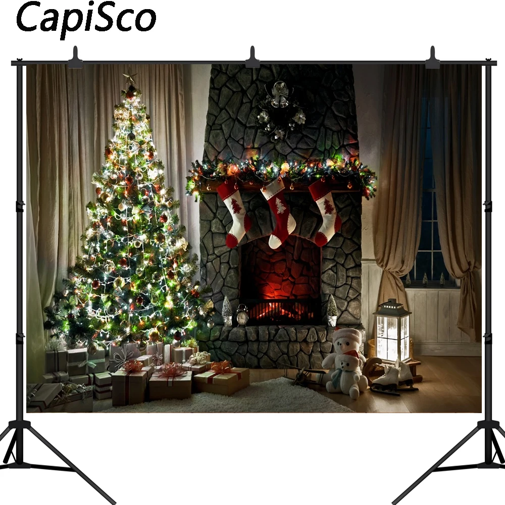 

Capisco Christmas Tree Fireplace Gift carpet sock Photography Backgrounds Customized Photographic Backdrops For Photo Studio