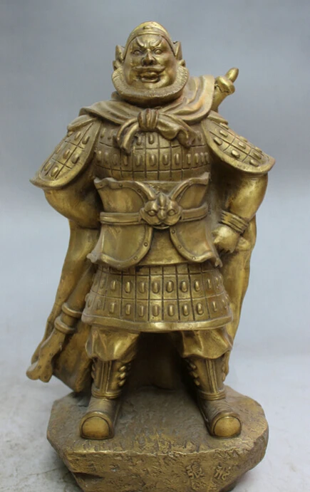 

S2499 10" Folk Chinese Brass Warrior General Fiero Hero Standing Zhang Fei Statue D0318