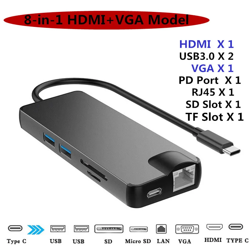 Thunderbolt3 USB C концентратор типа c 3,1 к HDMI 3 порта USB 3,0 RJ45 VGA адаптер конвертер для MacBook Pro samsung Galaxy S9 Тип c концентратор - Цвет: 8in1HDMI VGA