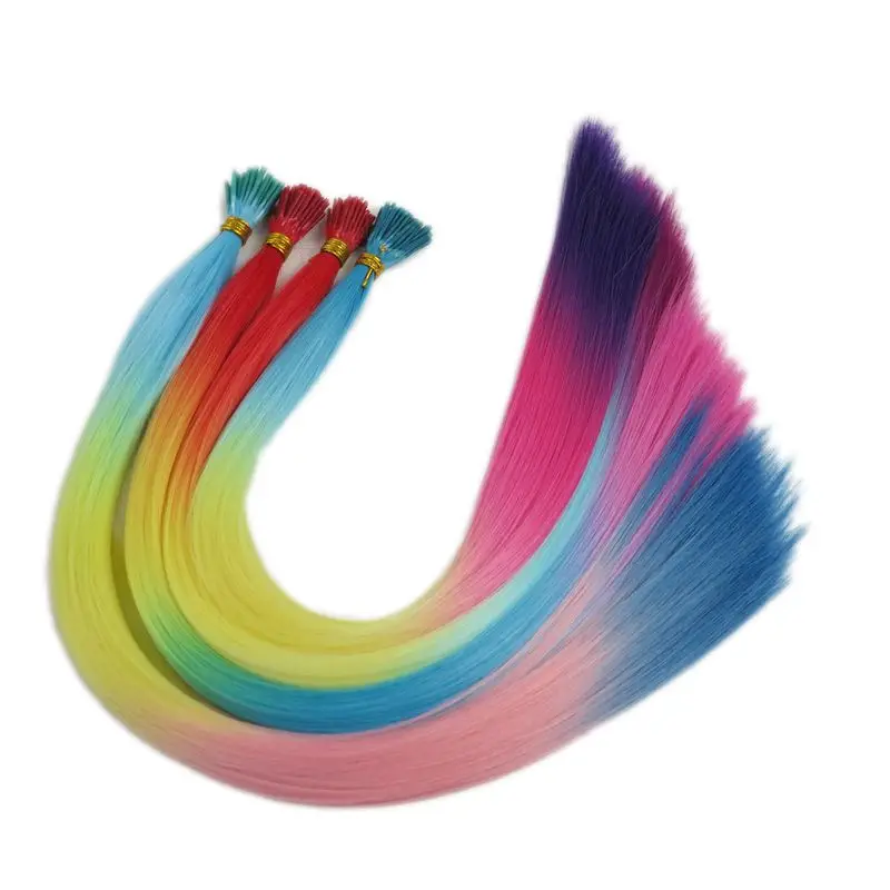 I Tip Feather Hair Extensions Luxury for Braiding 22" 100strands/lot Straight Rainbow Color Green Yellow Pink Synthetic