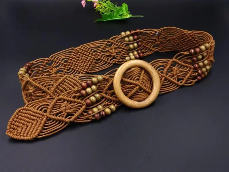 

New Vintage Knitted Wax Rope Wooden Bead Waist Rope Women Smooth Buckle Belt Woman Hollow Woven Female Hand-Beaded Braided Belt
