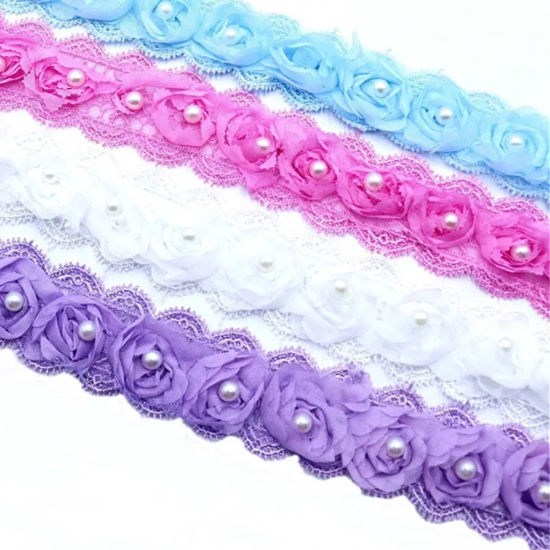 

1 Yds Pearl Embroidered 3 D Rose Lace Chiffon Fabric Tulle Trim Ribbon DIY Manual Hairpin Headwear Sewing on Costume Accessories