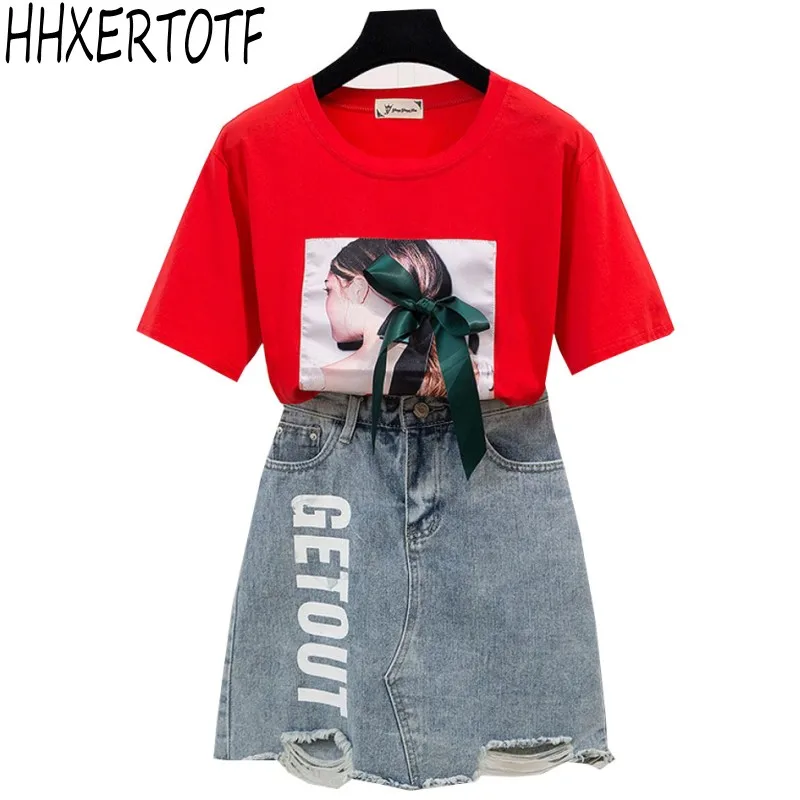 

2019 New Summer Girl Students Bow Print T-shirt + letter Hole denim Skirt Two-piece Women's Sweet Skirt Suit