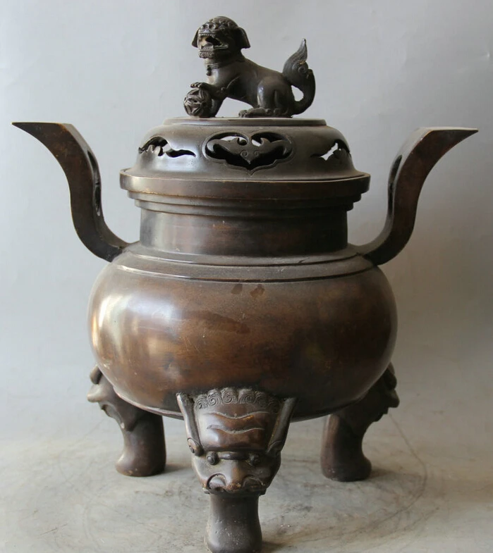 

song voge gem S2234 17" Marked Chinese Bronze 3 Foot Lion Head Beast handle Incense Burner Censer