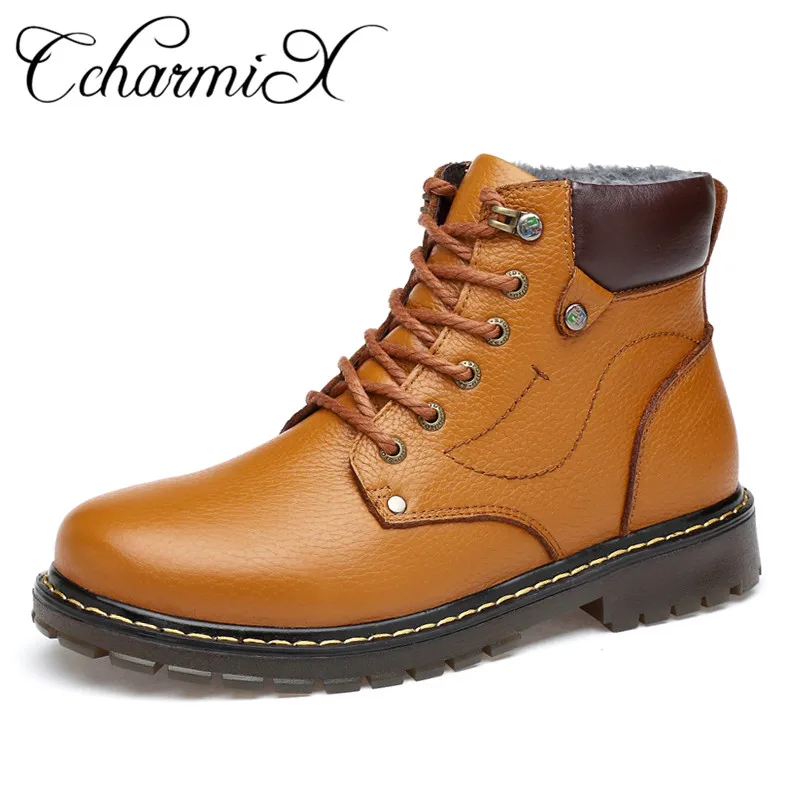 

CcharmiX Men Cow Leather Winter Snow Boots Warm Fur Ankle Western Boot Shoes Males Fashion Punk Boots Men Shoes Plus Size 47 48