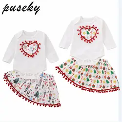 Puseky/Коллекция 2018 года, Рождественская футболка с сердечком для маленьких девочек, топы + короткая бальная юбка, комплект одежды на