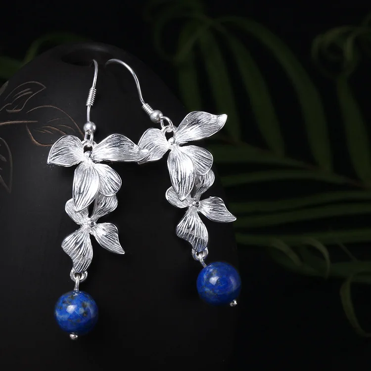 

Vintage China Style Flower Drop Earring Women In Sterling Silver 925 & Lapis Lazuli Stone Handmade Original Jewelry For Women