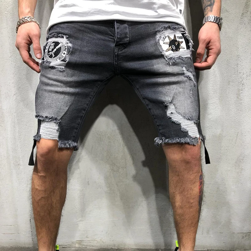 

European size loose 2019 summer hole denim shorts Embroidered men's Jeans Shorts Hip-hop slim shorts Blue light blue S-3XL