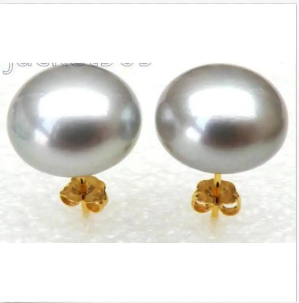 

gorgeous a pair 11-12mm AAA flat round SILVER GREY pearl stud earring 14k
