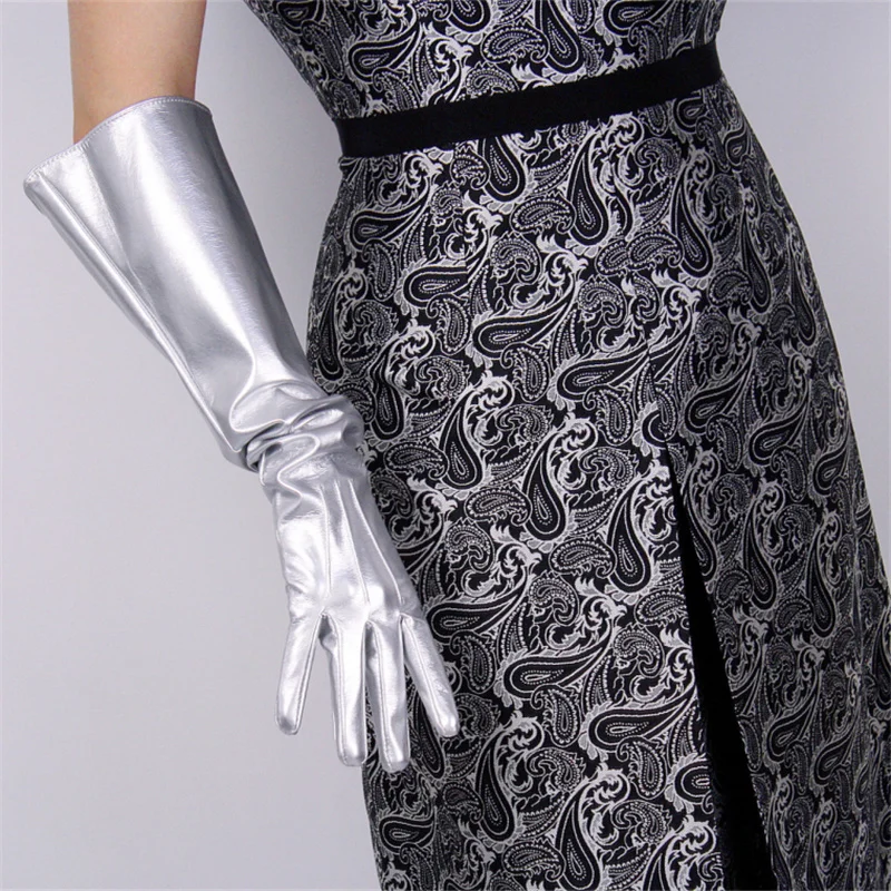 

Women Hot Patent Leather Wide Sleeves Simulation Leather Gloves Mirror Bright Leather Bright silver 50cm Men And Women 3-B87