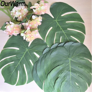

OurWarm 12pcs Artificial Palm Table Placemat Coaster Fake Leaves Tea Table Mat Hawaii Tropical Party Wedding Table Decoration