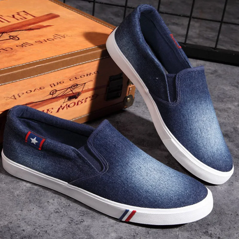 Najtaniej Męskie tenisówki Denim Sneakers Casual mieszkania buty męskie dorosłe letnie męskie trenerzy oddychające wkładane mokasyny Tenis Masculino