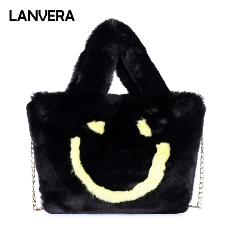 

LANVERA brand women casual tote smile chains velour handbag hotsale lady cartoon printing purse messenger crossbody shoulder bag