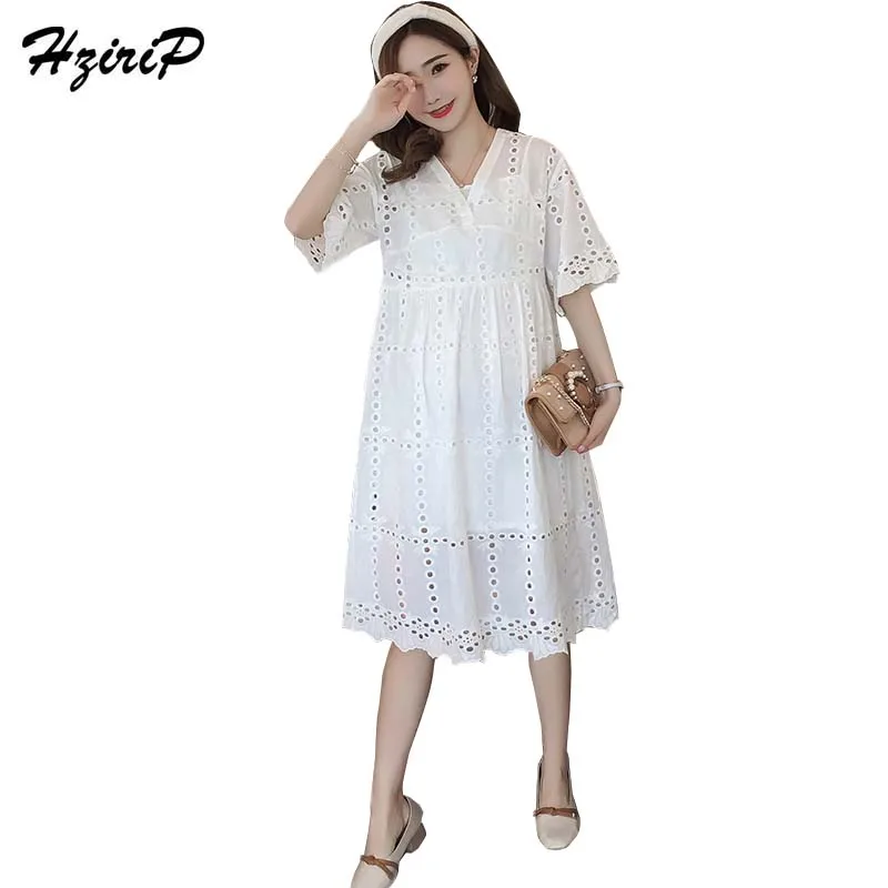 

HziriP High Quality Maternity Dresses Fashion Cotton Loose Pregnant V-Neck Women Dress Summer Casual Hollow Pregnancy Clothes