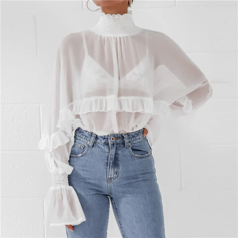

Lossky Autumn Loose Sexy Elegancer Long Sleeve Lace Decoration Women's Chiffon Shirt Casual Pullover Office Blouse Tops Women