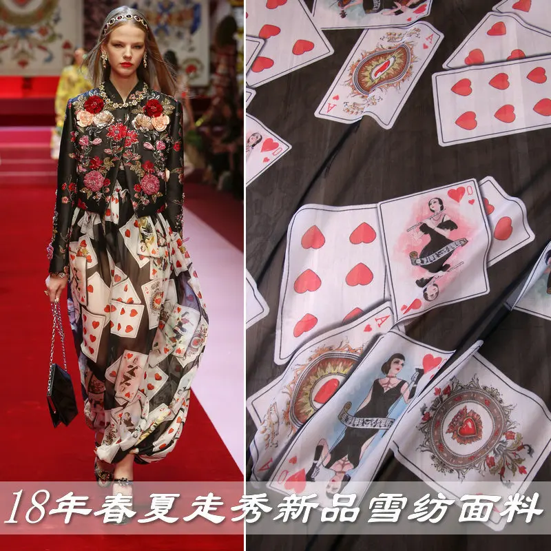 

1 Meter Black Chiffon Fabric Spring Summer New Red Heart Poker Cards Printing Clothing Elegant Dress Shirt Fabric