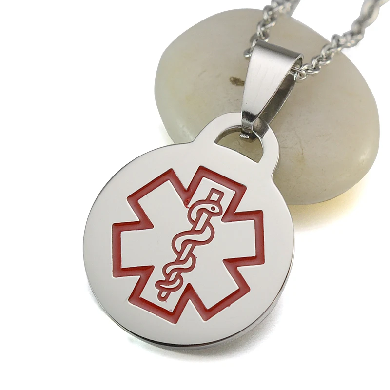 

Silver Gold Rose Gold Tone Personalized Stainless Steel Red Medical Alert ID Blank Dog Tag Custom Engraved Pendant Necklace