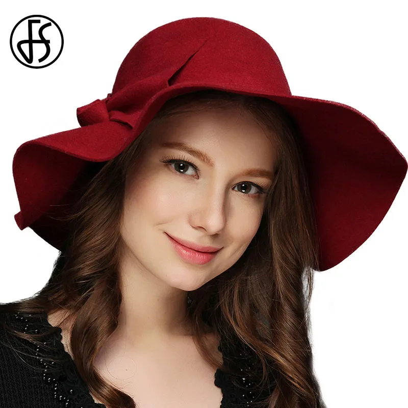 FS Winter Caps 100 Wool Felt Vintage Hats For Women Fashion Wide Brim