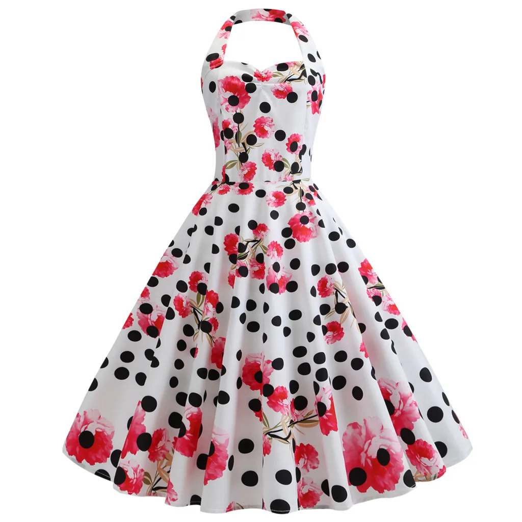 

Dresses Spring Women's Vintage Polka Halter Large Swing Midi Dress Floral Sping Retro Rockabilly Cocktail Party Casual Dress