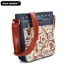 KISS KAREN Floral Lace Women Messenger Bag Vintage Fashion Studded Denim Bag Women's Shoulder Bags Summer Jeans Crossbody Bags kiss karen fashion women hobos diamond rivet denim bag female handbags jeans women s shoulder bags casual tote messenger bags