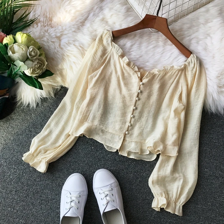 Винтажный белый шифоновый женский короткий топ и блузка для принцессы, новинка, сексуальный топ с открытыми плечами и рюшами, элегантная женская рубашка