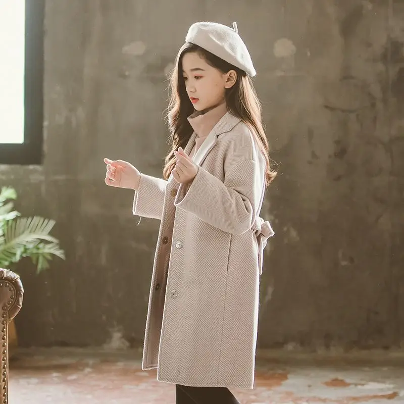 Зима-осень, детская одежда для девочек шерстяное пальто Верхняя одежда для маленьких девочек, теплая длинная куртка-ветровка шерсть куртка пальто Z01 - Цвет: xing se