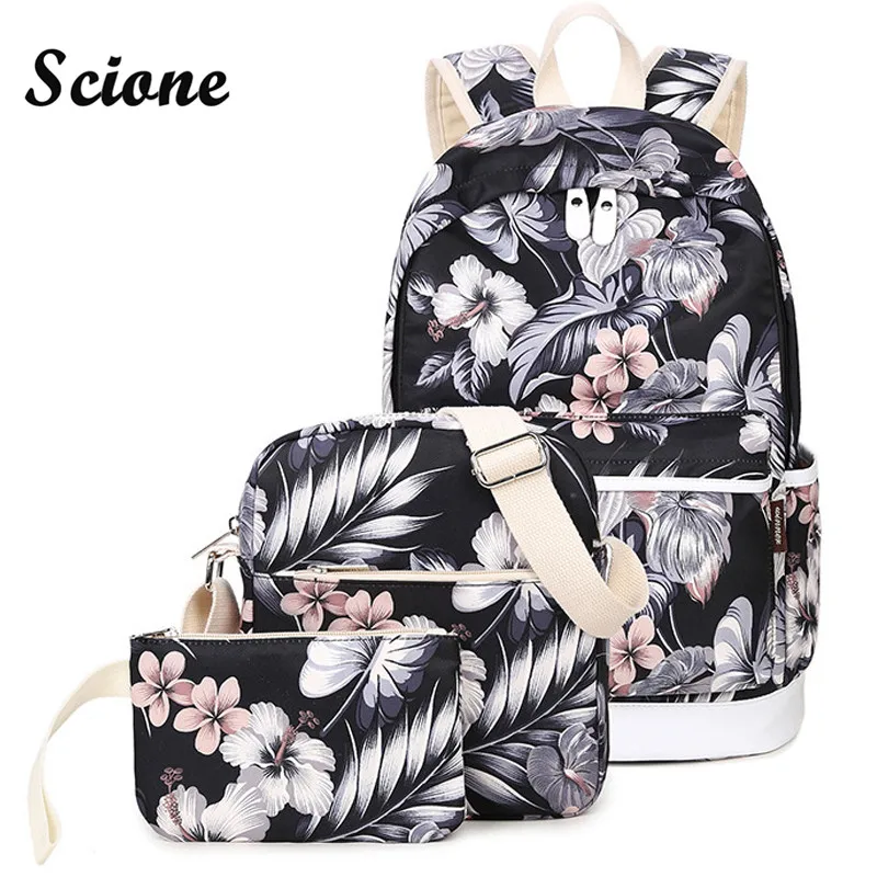 Scione Set Backpack Women Flower Printing Backpack Canvas Travel Back Pack School Bags for Teenagers Girls