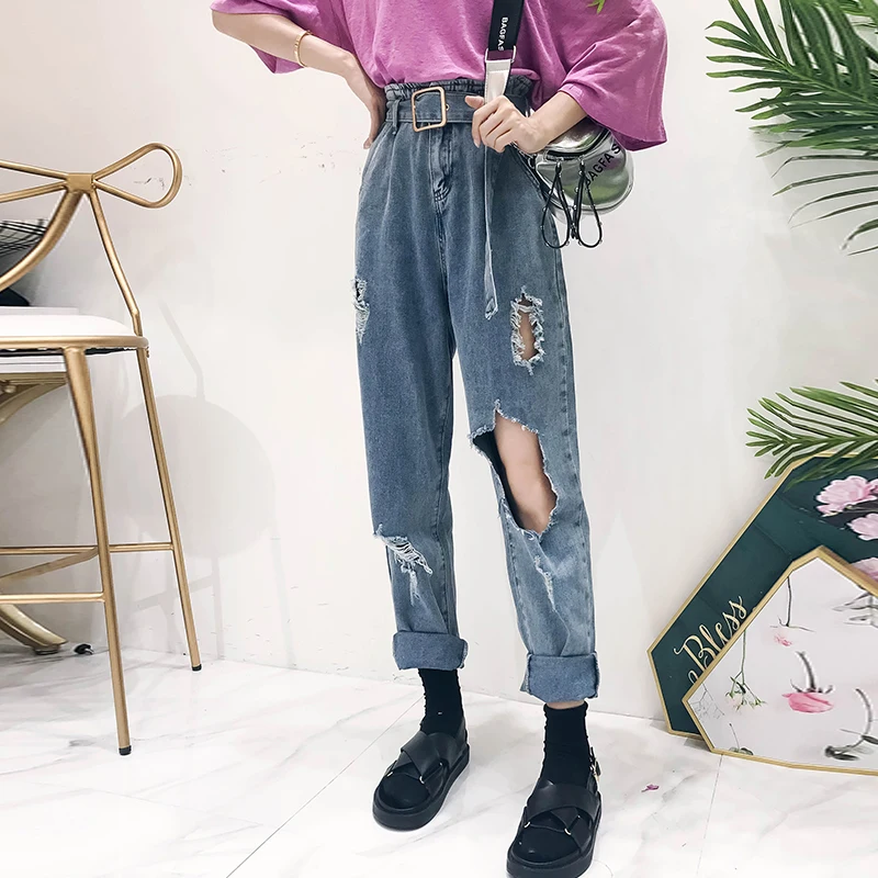 

2018 women's new fashion wild high waist jeans women's solid color loose straight hole jeans + sashes