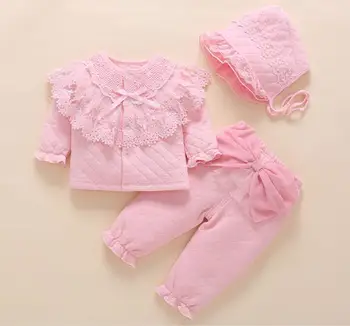 

Newborn baby girls fall winter clothes princess Medium thick warm padded outfits& hat girls top coat &pants baby shower gift