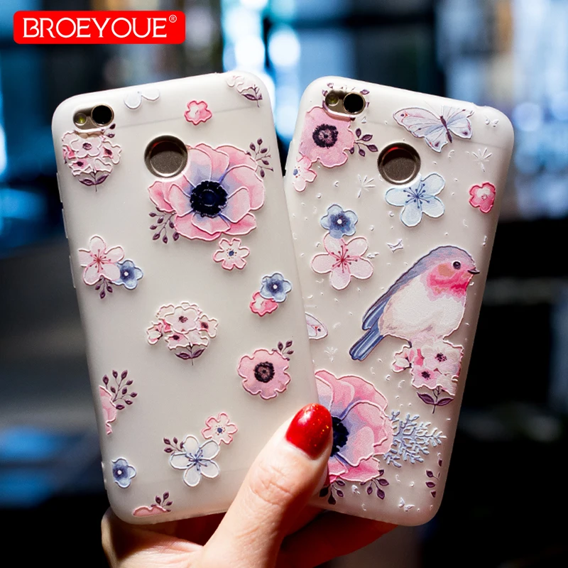 

BROEYOUE Case For Xiaomi Redmi 4X 3D Relief Flower Soft Silicone TPU Matte Ultra Thine Phone Cases Cover For Xiaomi Redmi 4X