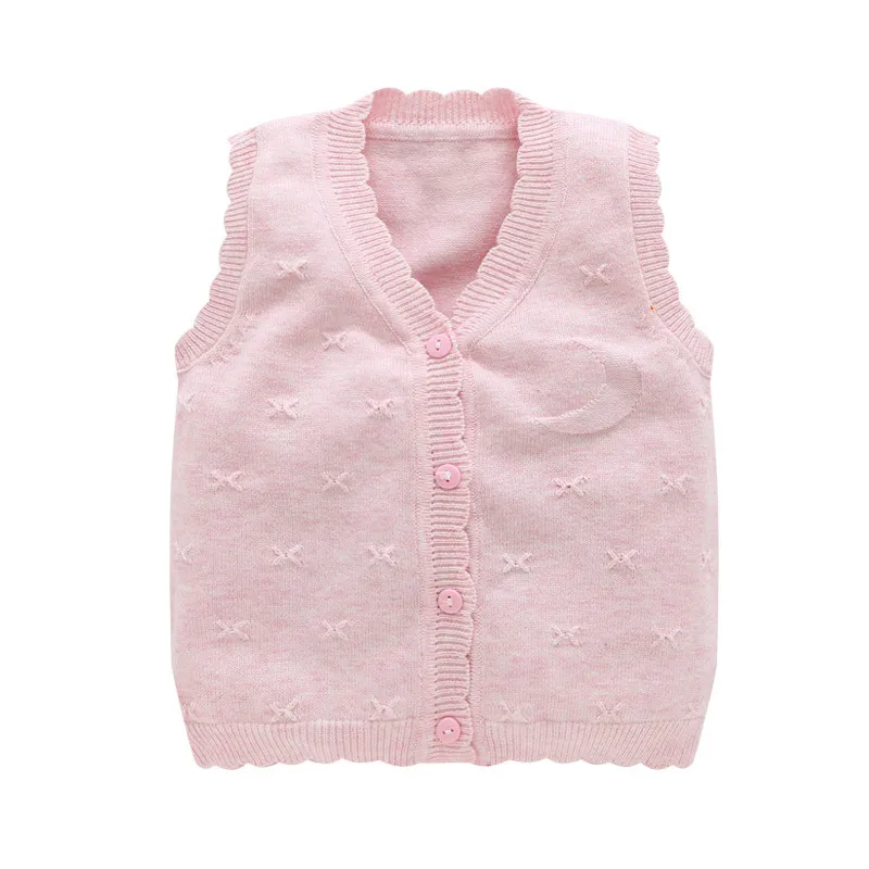 Cotton Knitted Baby Sweater Vest V-Neck Sleeveless Sweater For Girls Casual Ruffles Baby Boys Sweater Autumn Baby Boys Clothing - Color: Pink