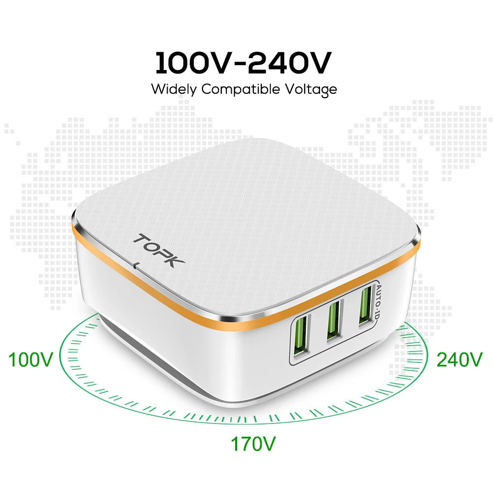 TOPK 35 W سريعة تهمة 2.0 6-ميناء شاحن يو اس بي الاتحاد الأوروبي الولايات المتحدة المملكة المتحدة الاتحاد الافريقي التوصيل 5 V/7A السفر جدار سريع مهاي...