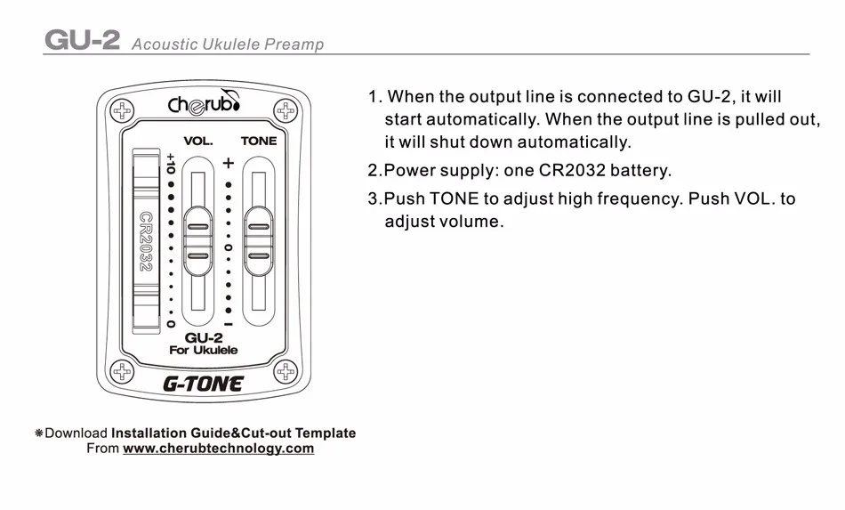 Cherub акустическая укулеле Preamp GU-2 1 полосный эквалайзер для укулеле/звукосниматель для укулеле держатель для медиаторов