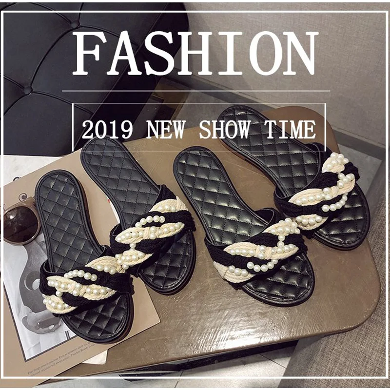

Summer Women Tassel Rope Woven Braid Winding Fashion Pearly Peep Toe Flat Slipper Mules Slides Casual Sandals Scuff Shoes A625