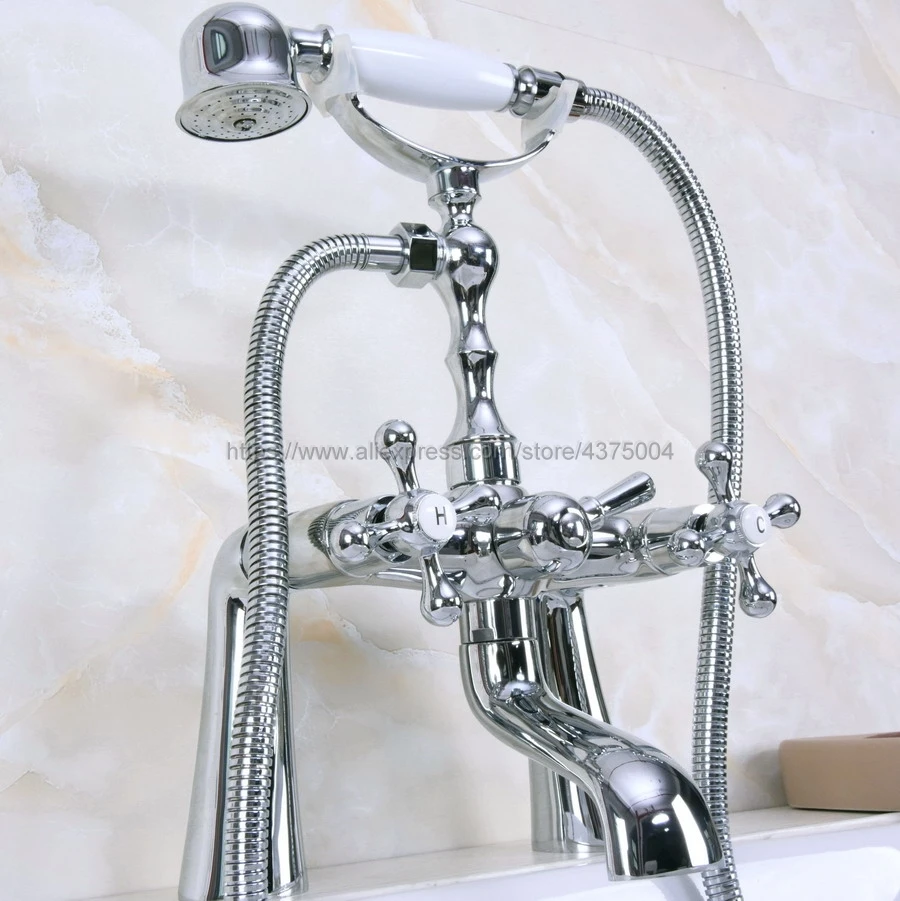 

Deck Mounted Chrome Clawfoot Bathtub Faucet telephone style Bath Shower Water Mixer tap with Handshower Nna125