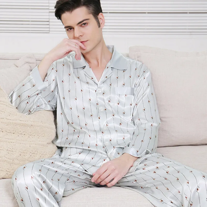 Men Brand Silk Sleepwear Long sleeve Pajama Set 100 Mulberry Silk