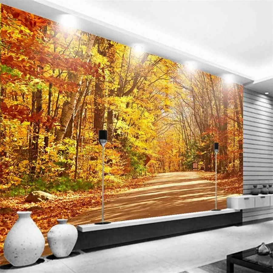 

beibehang Custom wallpaper 3d photo mural gold autumn forest in the track high-definition TV backdrop wall paper papel de parede