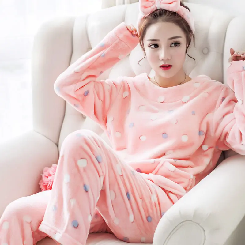 Зимняя женская толстая Пижама, фланелевый теплый костюм с длинными рукавами, женская пижама, осенняя Домашняя одежда, женская пижама, домашняя одежда - Цвет: rong yuandian pink