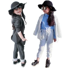 От 2 до 9 лет, новинка года, весенний полосатый блейзер для девушек+ штаны, комплекты одежды комплекты детской одежды из 2 предметов весенне-осенние комплекты одежды для девочек