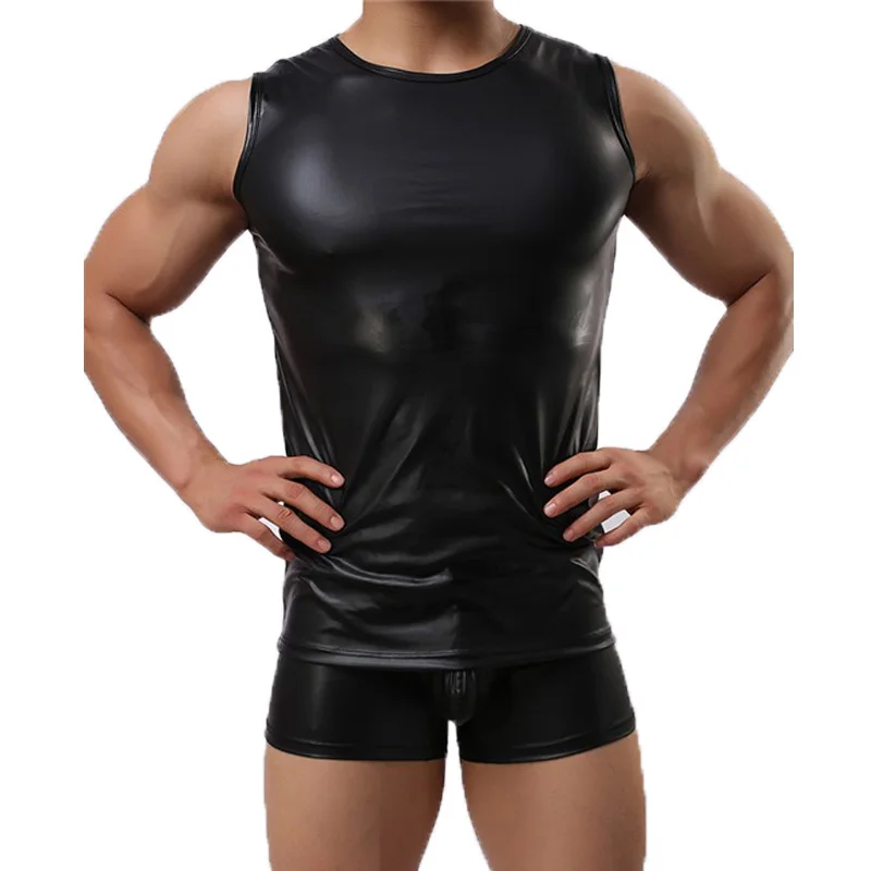 PU Leather Tank Top For Men Summer Crop Top Sleeveless Fitness Clothing Skinny Cropped