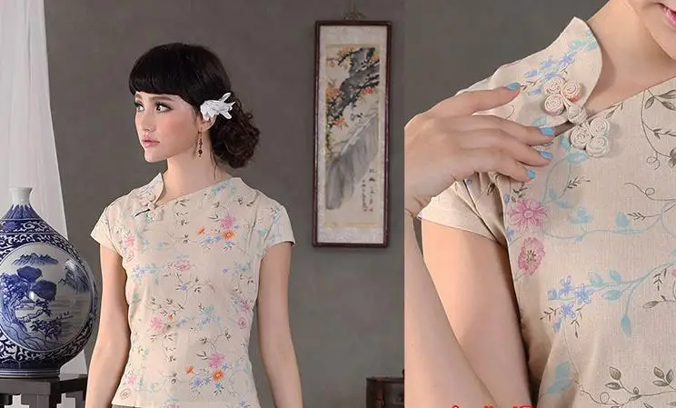 Новая женская традиционная китайская одежда на пуговицах cheongsam топы с цветочным принтом льняные рубашки размера плюс - Цвет: Серебристый