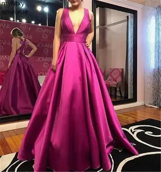 

Dark Pink Satin Sexy Evening Dresses 2020 V Neck A-line Gowns Long Formal Dress With Bow Styles Robe De Soiree Prom Hi Low Dress