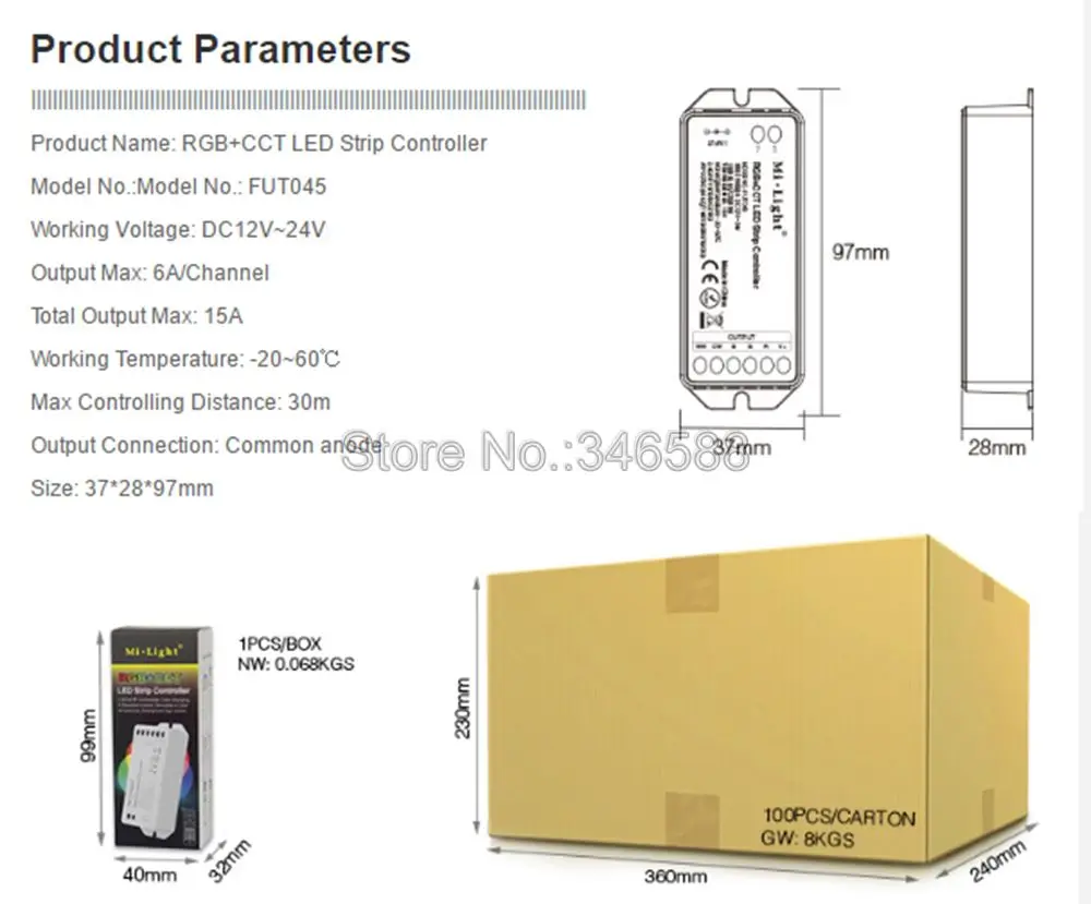 Mi. Светильник FUT045 RGB+ CCT контроллер светодиодной ленты DC12V 24 В 6A/CH Max 15A WiFi совместим с RGB+ CCT светодиодные полосы s