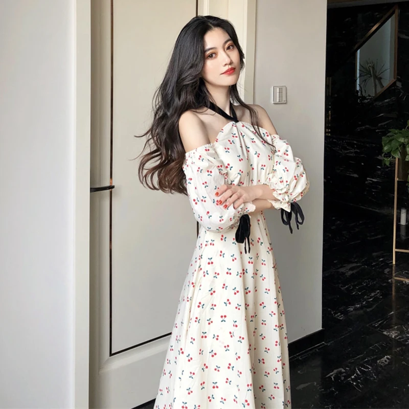 

halter off shoulder fruit print summer new flare sleeve sweet long dress fashion brand Korean style Women's Clothing vestidos