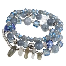

Natural crystal bracelet female vintage fashion Grey Vintage Women Beads Bohemian Multi-layer Blue Pink Statement Bangles