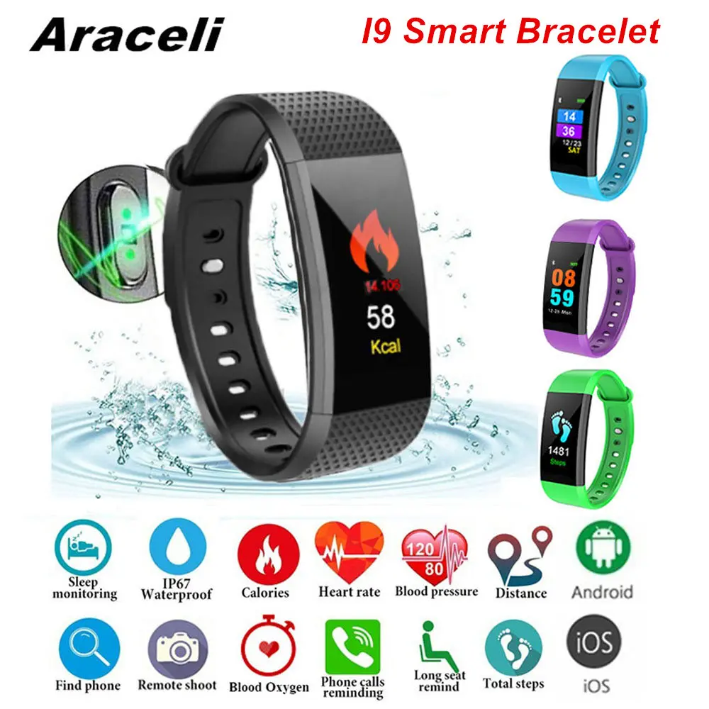 I9 Smart Bracelet IP68 Waterproof SmartBracelet Heart Rate Monitor Blood Pressure Fitness Tracker Sport Band | Электроника