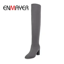 ENMAYER/ г., новые модные женские зимние сапоги до колена с острым носком женские сапоги без застежки с круглым каблуком, ZYL296