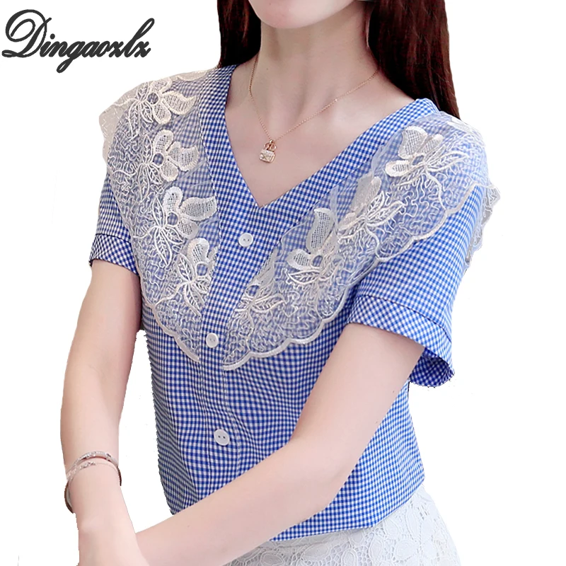 

Dingaozlz Elegant Lace blouse Tops New Summer Female clothes Korean fashion Women Plaid Chiffon shirt Blusa