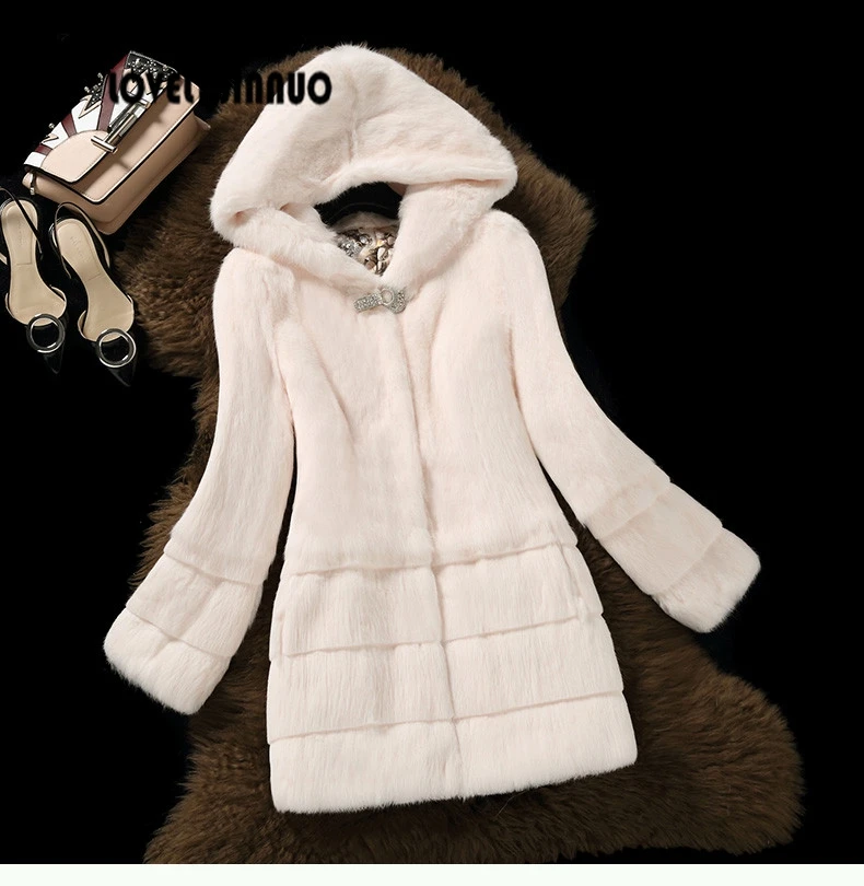 

Free Shipping New Arrival Genuine Rabbit Fur Coat with hat Women full pelt rabbit fur jacket Winter fur waistcoats big F848