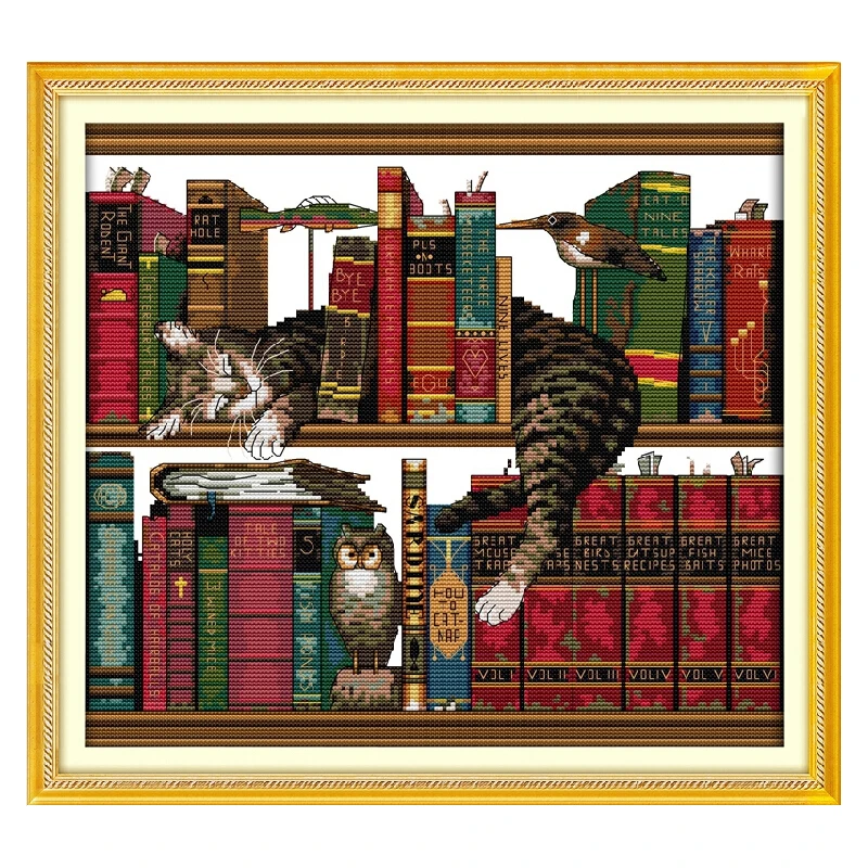 

Needlework DIY DMC 14CT 11CT Cross stitch,Sets For Embroidery kits Cat in Bookself Counted Cross-Stitching,Home Decor crafts